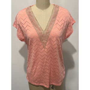 Women's SHEIN Coral laser cut V-Neck embroidered trim Short Sleeve Tee S